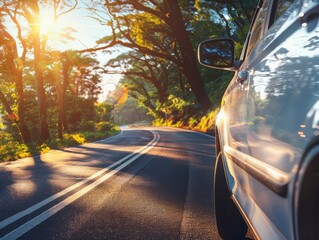 A vehicle on the road with a summer and sunny landscape background, sun, blue sky