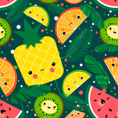Kawaii tropical fruits seamless pattern, vector illustration, japanese kawaii design, fully editable, pineapple, lemon, citrus, orange, watermelon, palm leaves, kiwi