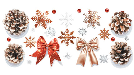 Fototapeta na wymiar Beautiful snowflakes fir cones and bows on white background
