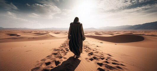 Rear view of a traveller arabic man walking in the desert among the sand dunes.Panoramic desert horizion view at daylight.