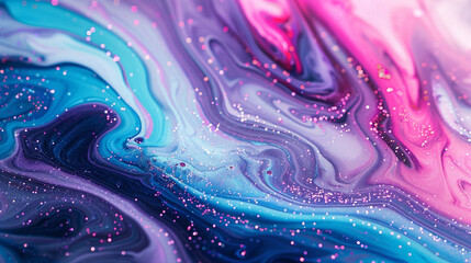 Capture the ethereal dance of azure marble ink swirling amidst a kaleidoscope of magenta and turquoise hues, with glitters shimmering like stars in the night sky.
