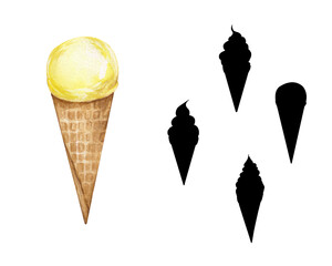 Children's game find a pair. Match the ice cream and its shadow. Hand drawn watercolor illustration with colorful ice creams, treats and sweets. Educational game for kids, task.