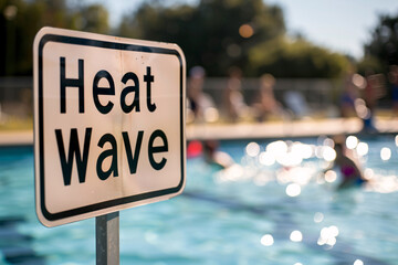 Warning sign with text 'Heat wave' in front of blurry public swimming pool with people