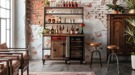 Vintage-inspired home bar with a retro cocktail cart and bar stools.