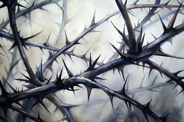 Close-up of Tangled Black Thorns Against a Ghostly White Background - obrazy, fototapety, plakaty