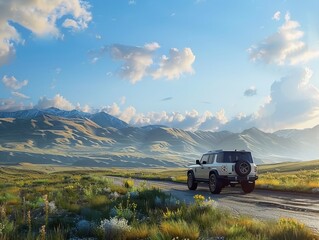 A vehicle on the road with a summer and sunny landscape background, sun, blue sky