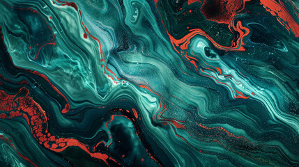 Captivate the imagination with ruby-red marble ink winding its way through a panorama of oceanic blues and emerald greens, adorned with glitters that dance like reflections on water.