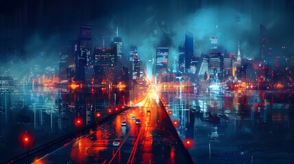 A vibrant city at night is brought to life with neon lights reflecting on wet streets, as the rain adds a shimmering texture to the urban landscape.