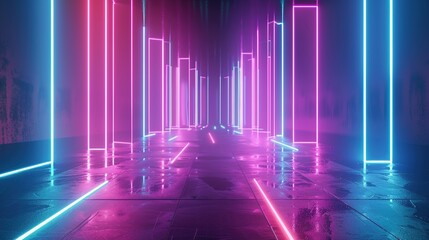 abstract minimal neon background, pink blue neon lines going up, glowing in ultraviolet spectrum. Cyber space. Laser show