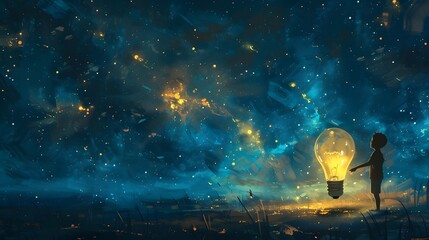 A lone child touches a glowing light bulb that lights up an otherworldly night sky, a metaphor for sparking imagination amidst the cosmos.