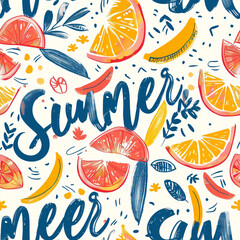 A colorful and whimsical floral summer pattern with various fruits and flowers