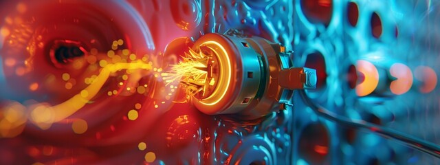 A close-up view of a colorful electrical plug sparking as it makes contact with a socket.