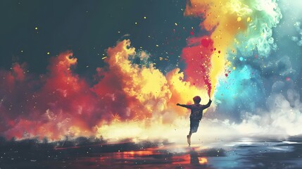 A person joyfully dances, arms outstretched, amidst a surreal explosion of vibrant color clouds reflecting off a mirror-like surface.
