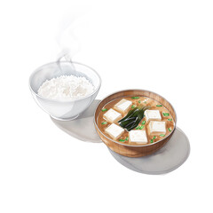 白い背景に炊き立ての白いごはんとお味噌汁の水彩イラスト