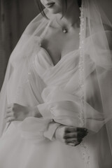 A woman in a white dress is holding a veil in her hand. The dress is white and the veil is made of a material that looks like lace. The woman is getting ready for a special occasion