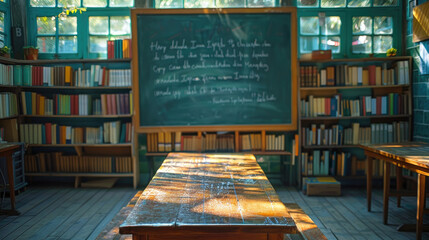 A sunny classroom with wooden desks and a chalkboard, a calm learning environment. Library with bookshelves. Blurred background with space for text