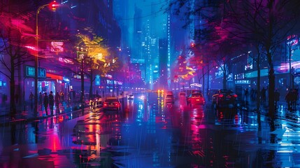 A captivating scene of a city street bathed in neon lights reflecting on wet pavement, capturing the bustling nightlife and urban atmosphere on a rainy night.