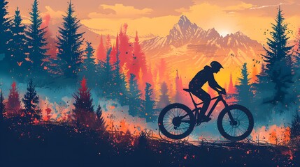 Artistic depiction of a mountain biker riding through a forest at sunset, silhouetted against a vivid, color-rich backdrop with mountain peaks.