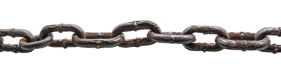 An old rusty metal chain from right to left, transparent or isolated on white background 