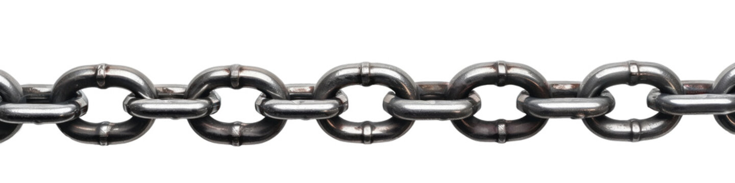 A strong silver metal chain from right to left, transparent or isolated on white background 
