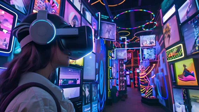 A woman wearing a virtual reality headset stands in front of a wall of television screens.