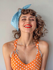 A beautiful and joyful pin-up girl smiling with closed eyes