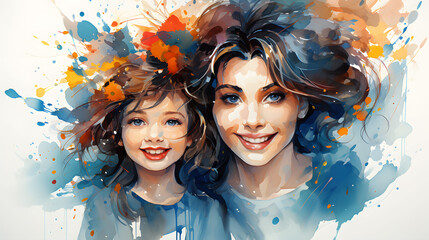 vibrant watercolor painting of mother's day illustration, portrait of mother and daughter spending time together.