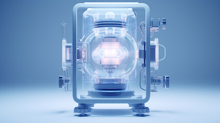 Fototapeta premium Comprehensive walkthrough , front view, blue, white background, frosted glass, transparent technology sense, industrial design, studio lighting
