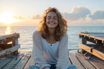 Fototapeta premium woman smiling on the pier