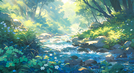 River, forest, nature illustration, banner, background. Summer, spring nature landscape. 