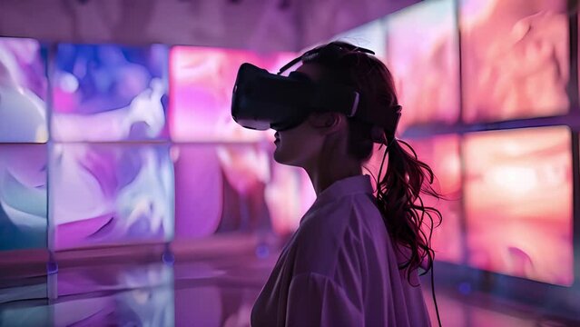 A woman wearing a VR headset stands immersed in a vibrant, neon-lit space.