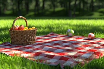 illustration of picnic basket at the public park bokeh style background