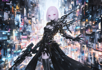Beautiful woman holding a big high tech rifle, in a bizarre futuristic sci-fi city.