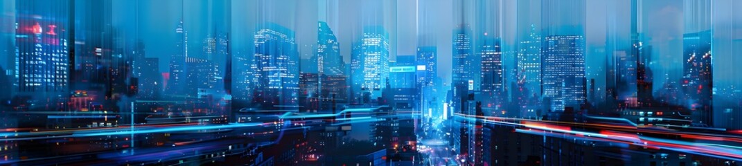 blue colored cityscape with skyscrapers, long exposure photography, blurred lines, glitch art in the style of various artists 
