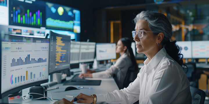 Female young Data Scientist Reviewing Reports Of Risk Management Department On Big Digital Screen In Monitoring Room