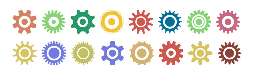 Colorful gears vector set on white background. Cogwheels collection, technology concept illustration to use for teamwork, engineering business projects.
