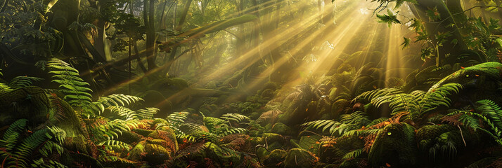 Amber rays of sunlight filter through a dense forest canopy, illuminating a tapestry of lush ferns and moss-covered rocks,