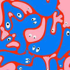 Halloween seamless pattern, cute ghosts, monsters as vector illustration for fashion projects, children, kids, nursery, costume, home decoration, blue, red, rose