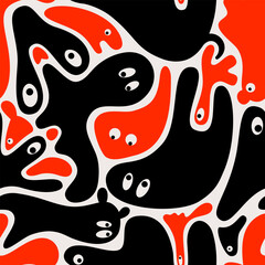 Halloween seamless pattern, cute ghosts, monsters as vector illustration for fashion projects, children, kids, nursery, costume, home decoration, black, red