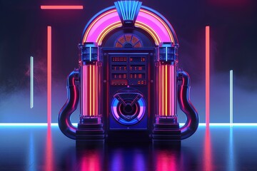 Abstract shapes representing a retro jukebox in neon colors