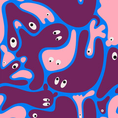 Halloween seamless pattern, cute ghosts, monsters as vector illustration for fashion projects, children, kids, nursery, costume, home decoration, purple, rose