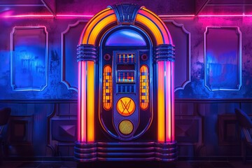 Abstract shapes representing a retro jukebox in neon colors