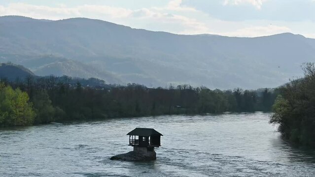Lonely house on the Drina river in Bajina Basta, Serbia, 4k