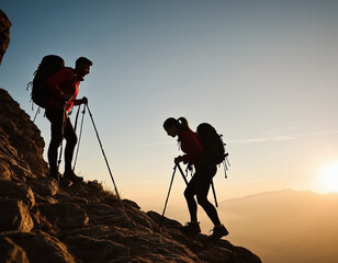 Silhouette of male and female hikers climbing a mountain cliff, depicting the concepts of help and teamwork.