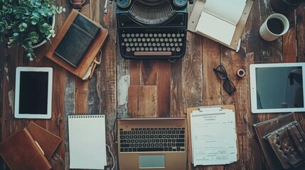 Overhead view of a retro typewriter and modern gadgets spread on a wooden desk