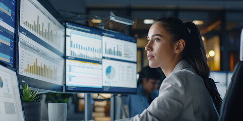 Female young Data Scientist Reviewing Reports Of Risk Management Department On Big Digital Screen In Monitoring Room