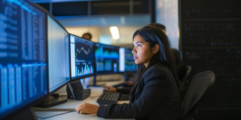 Female young Data Scientist Reviewing Reports Of Risk Management Department On Big Digital Screen In Monitoring Room