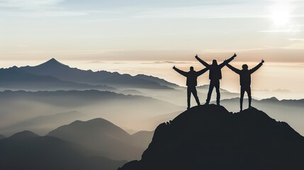 Mountain Climbers Raise Hands, Celebrate On Top Of Mountain, Sunrise, Fog