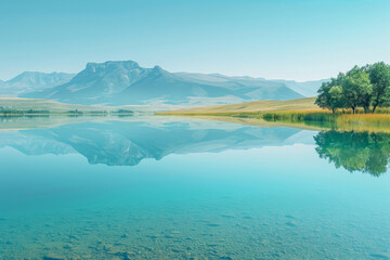 Fototapeta premium illustration of morning fog over a beautiful lake surrounded,surrounded by hills, trees and mountains. 