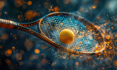 Tennis ball and racket hitting the ball